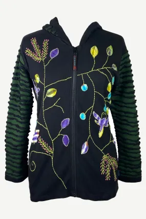 336 RJ Bohemian Knit Cotton Razor Cut Flower Patched Hoodie Rib Jacket