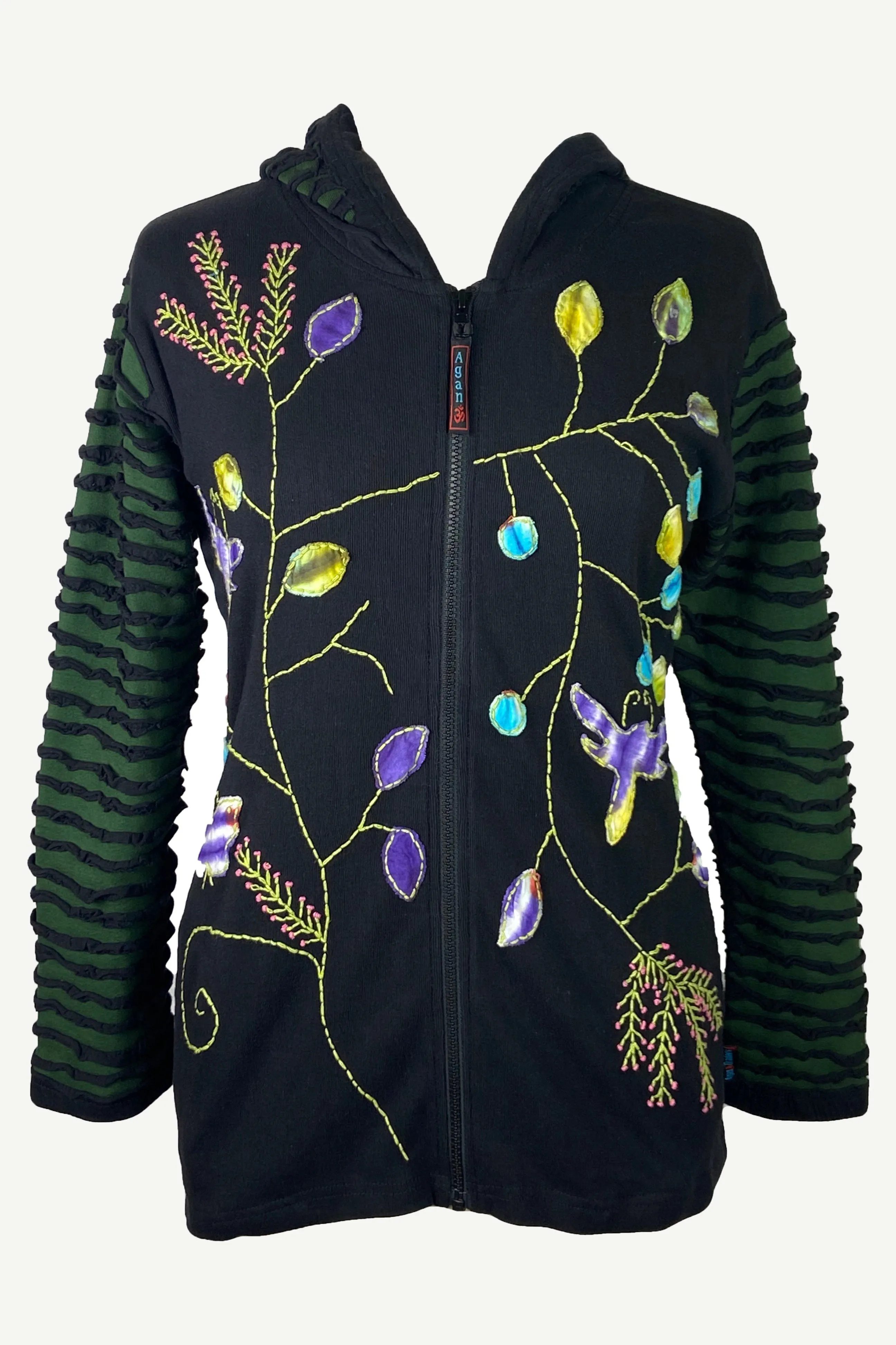 336 RJ Bohemian Knit Cotton Razor Cut Flower Patched Hoodie Rib Jacket