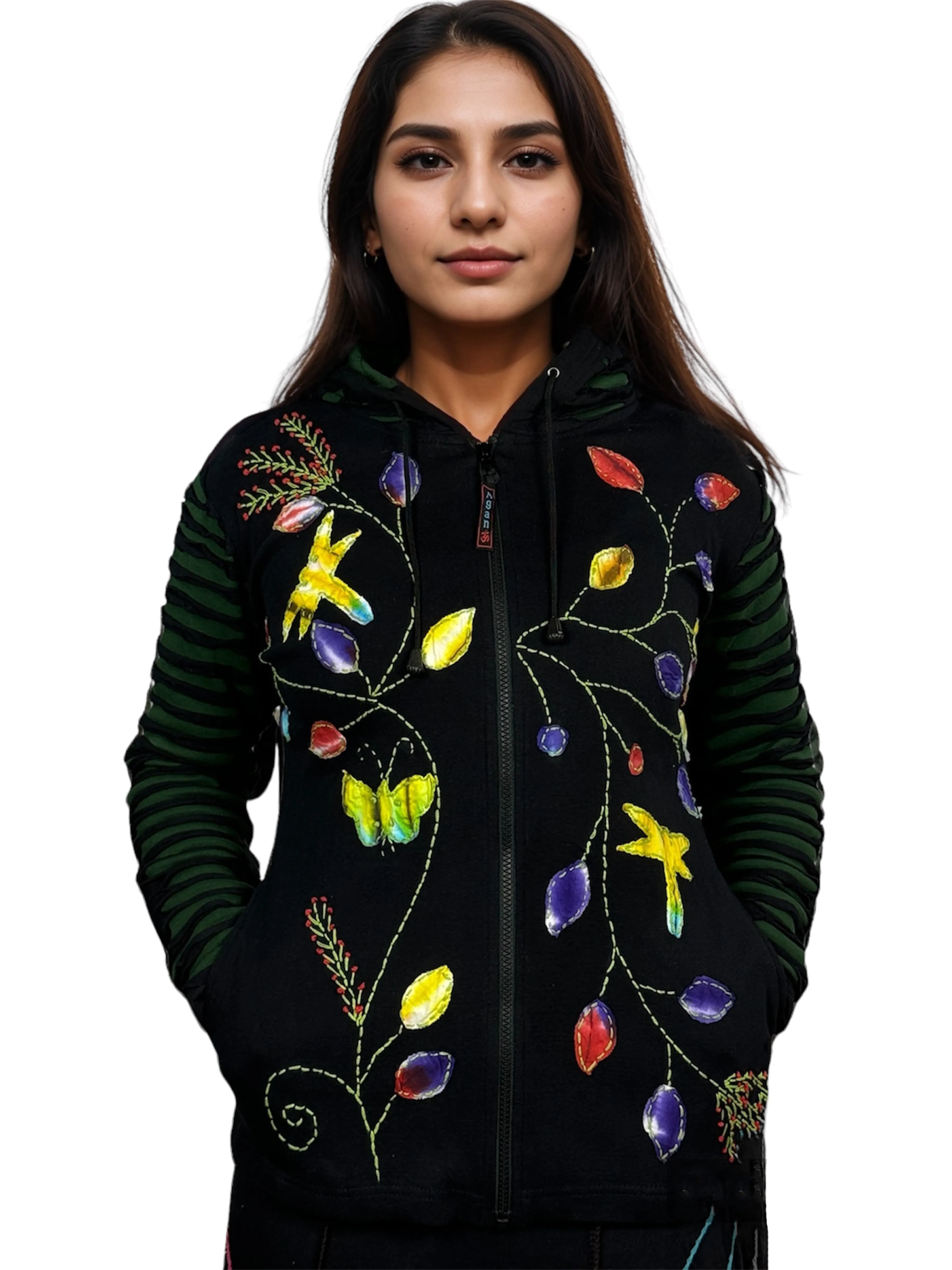 336 RJ Bohemian Knit Cotton Razor Cut Flower Patched Hoodie Rib Jacket