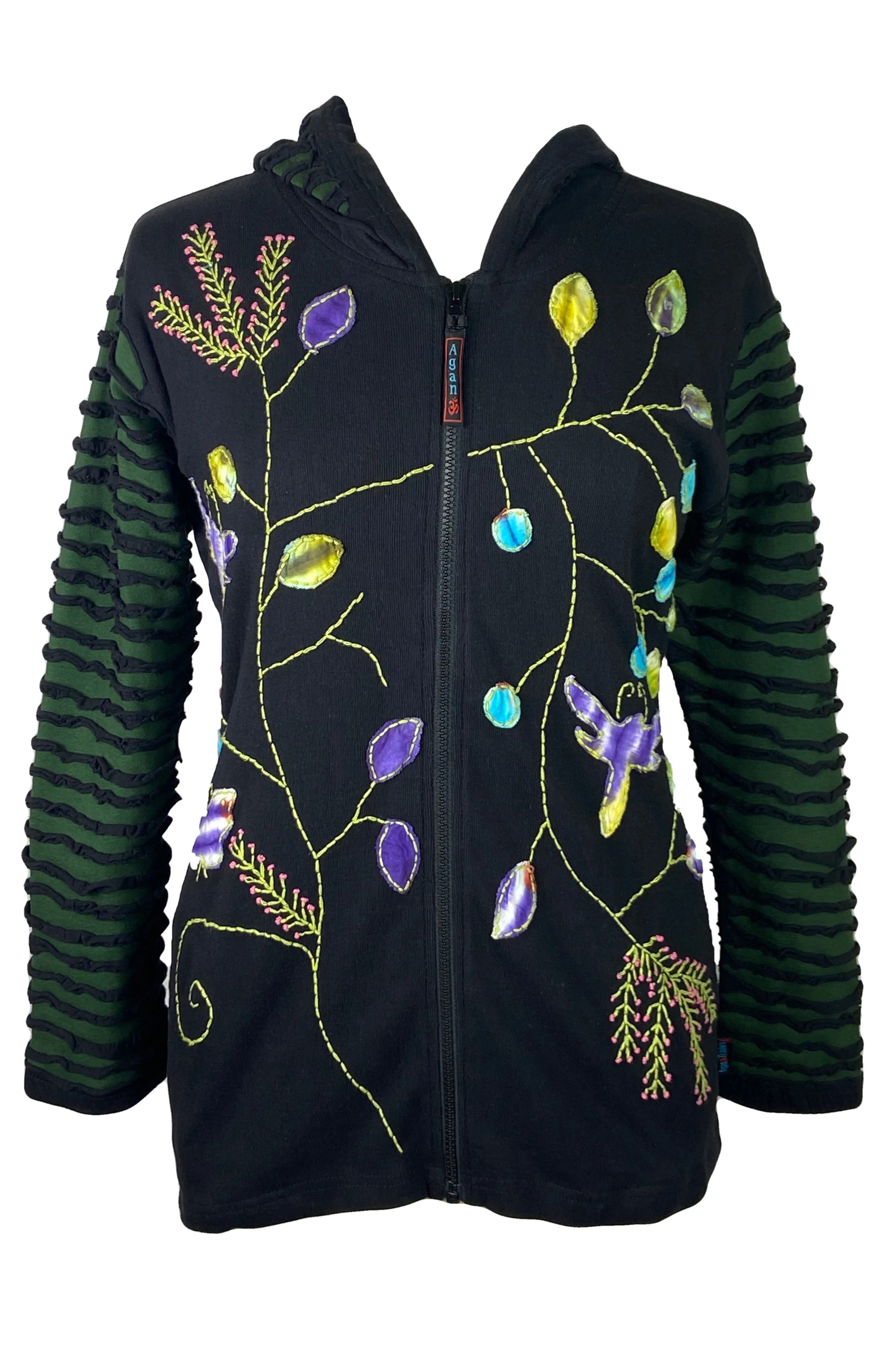 336 RJ Bohemian Knit Cotton Razor Cut Flower Patched Hoodie Rib Jacket