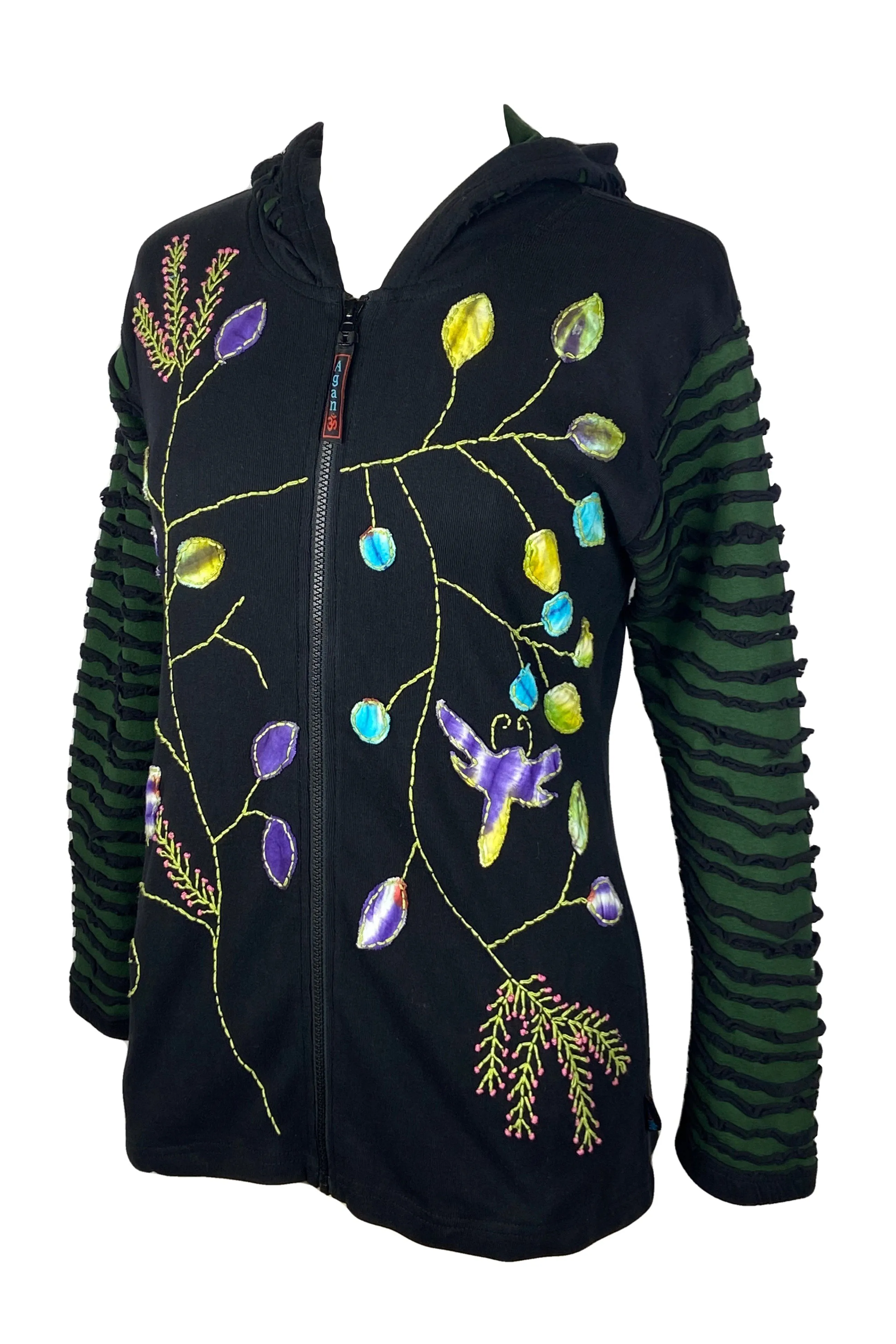 336 RJ Bohemian Knit Cotton Razor Cut Flower Patched Hoodie Rib Jacket