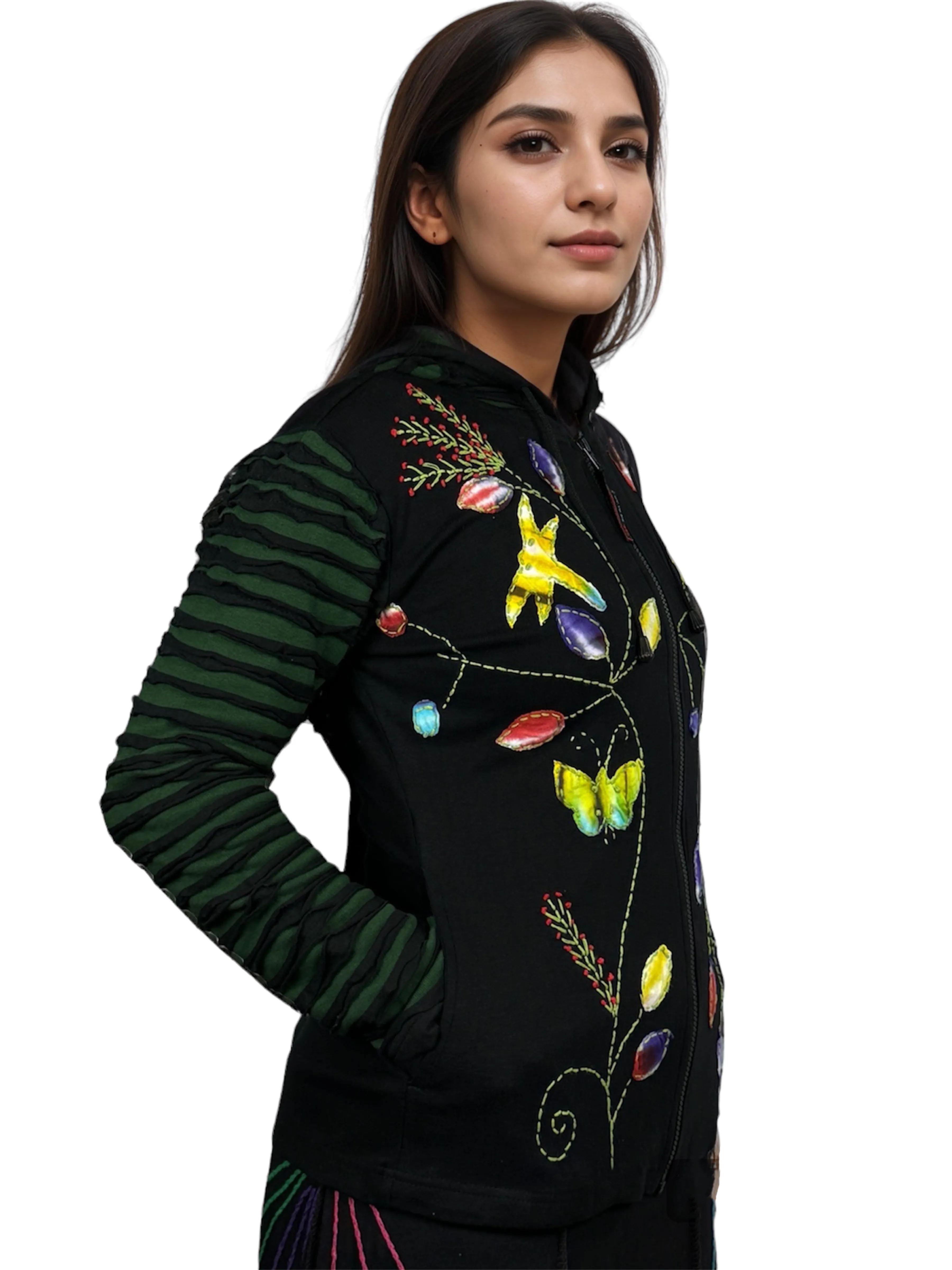 336 RJ Bohemian Knit Cotton Razor Cut Flower Patched Hoodie Rib Jacket