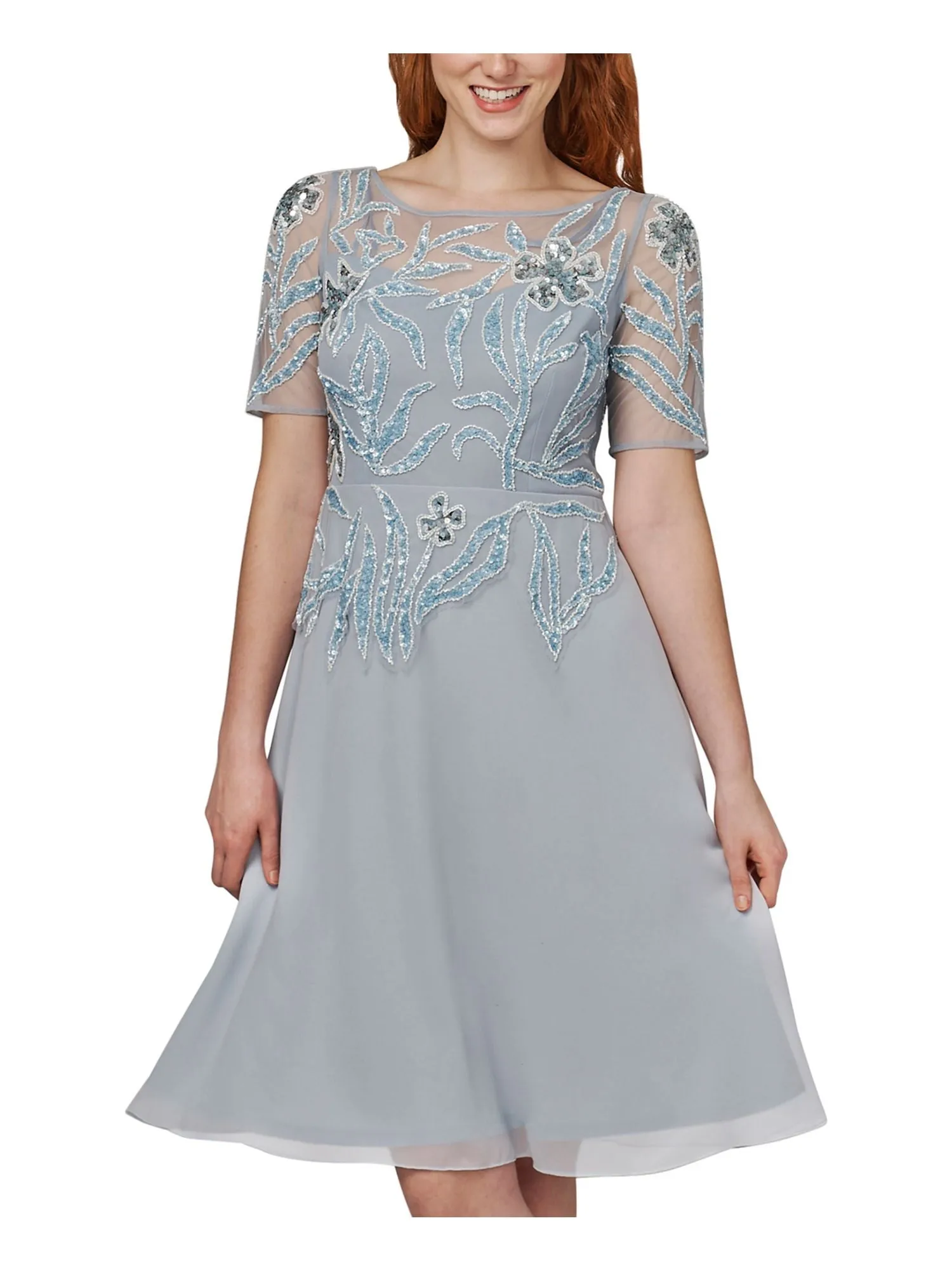 ADRIANNA PAPELL Womens Embellished Short Sleeve Round Neck Knee Length Cocktail Fit   Flare Dress