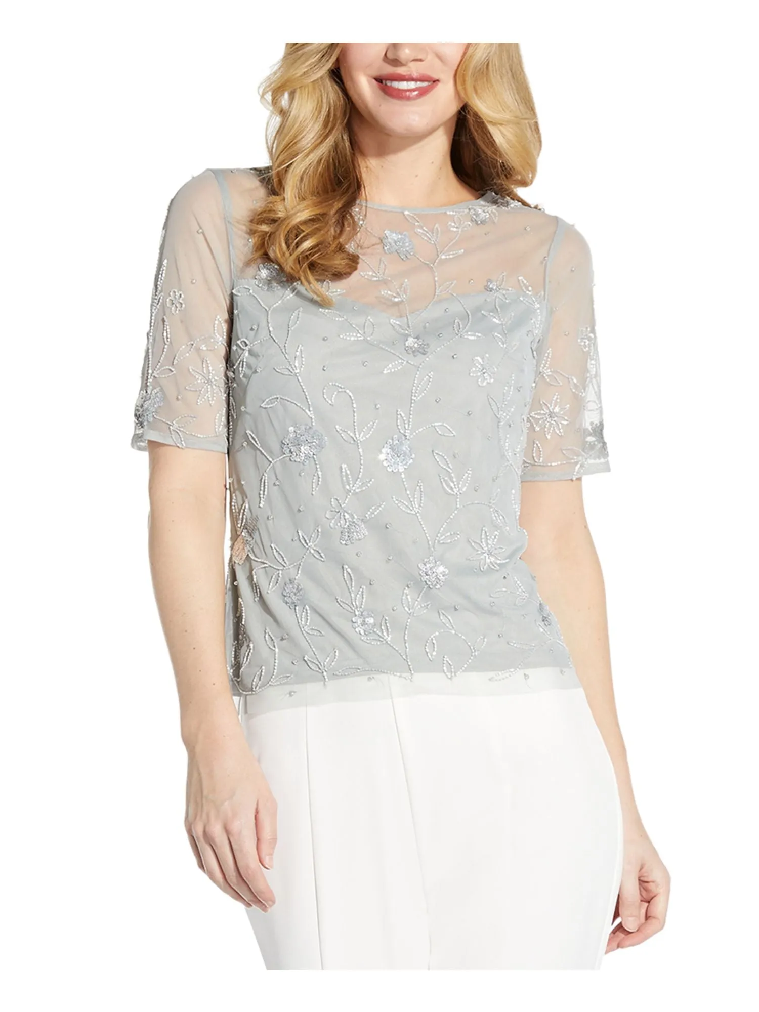 ADRIANNA PAPELL Womens Gray Zippered Beaded And Sequined Lined Short Sleeve Boat Neck Party Top