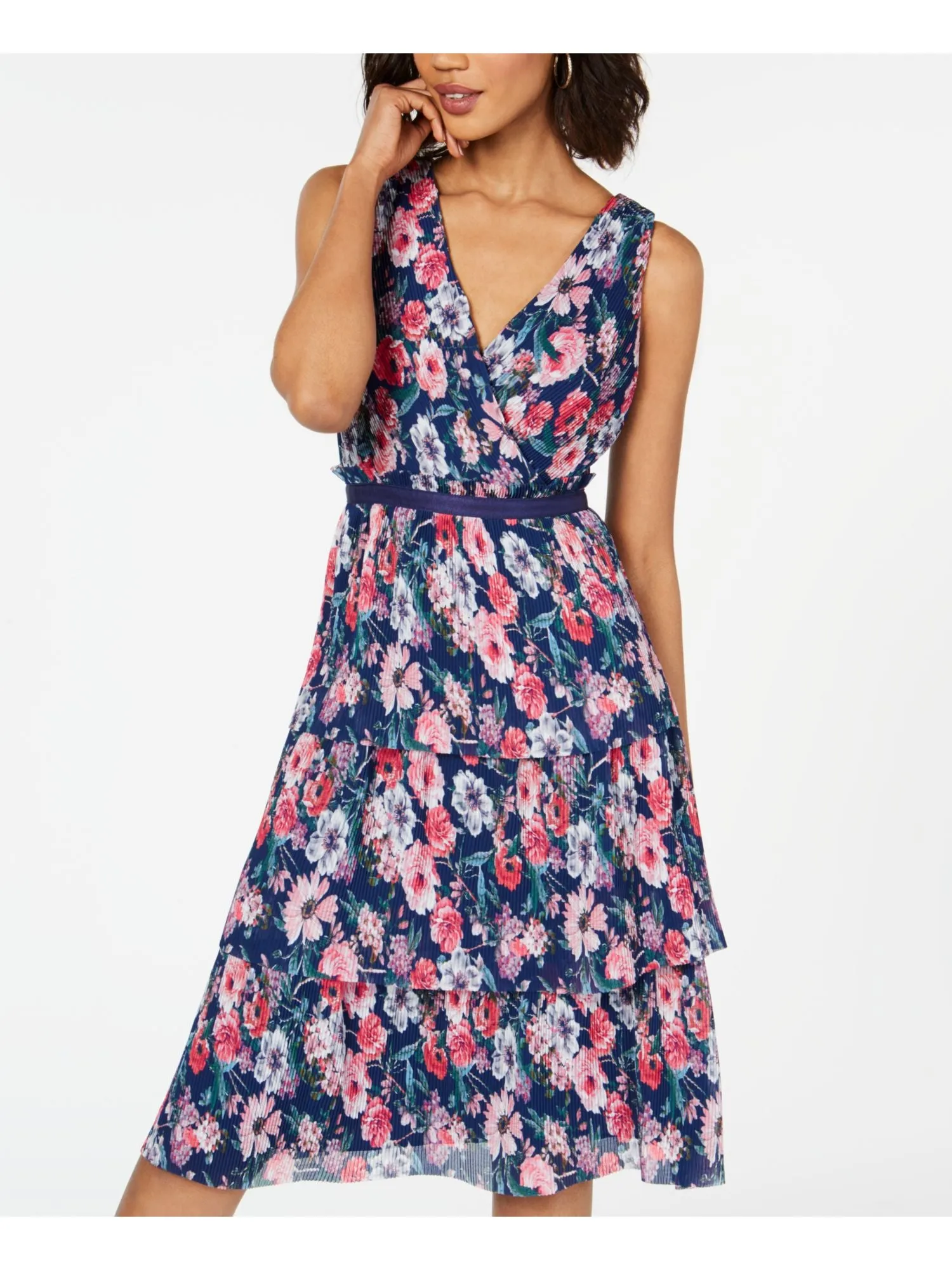 ADRIANNA PAPELL Womens Navy Pleated Floral Sleeveless V Neck Below The Knee Evening Sheath Dress