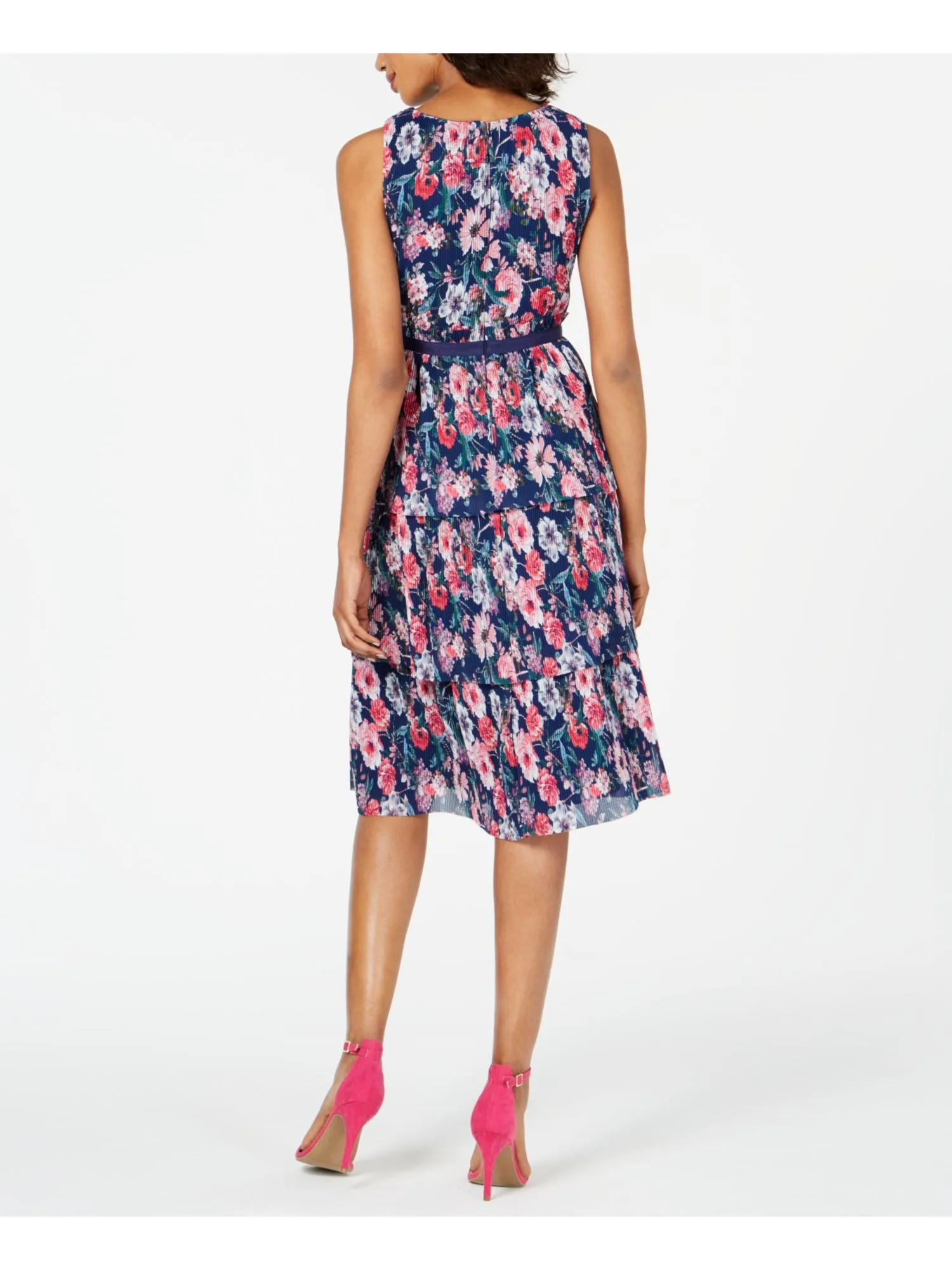 ADRIANNA PAPELL Womens Navy Pleated Floral Sleeveless V Neck Below The Knee Evening Sheath Dress