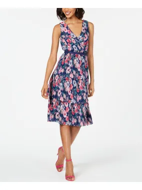 ADRIANNA PAPELL Womens Navy Pleated Floral Sleeveless V Neck Below The Knee Evening Sheath Dress