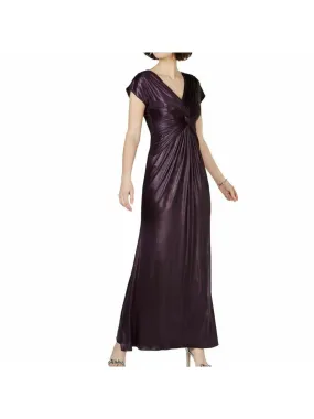 ADRIANNA PAPELL Womens Purple Ruched Short Sleeve V Neck Maxi Formal Sheath Dress