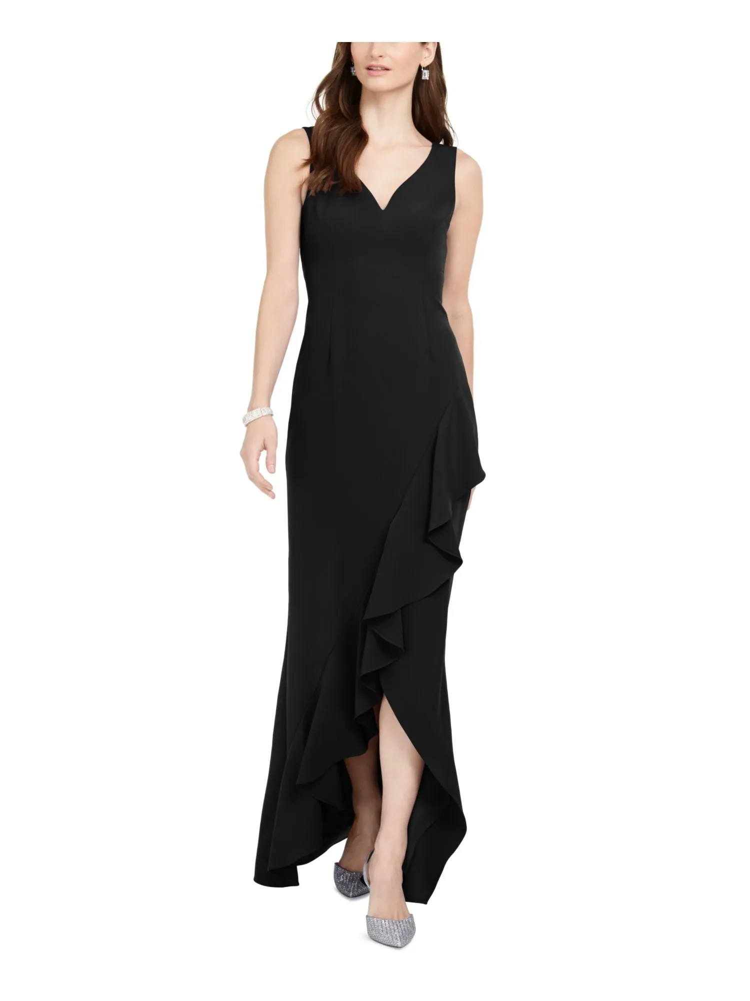 ADRIANNA PAPELL Womens Slitted Sleeveless V Neck Full-Length Formal Sheath Dress
