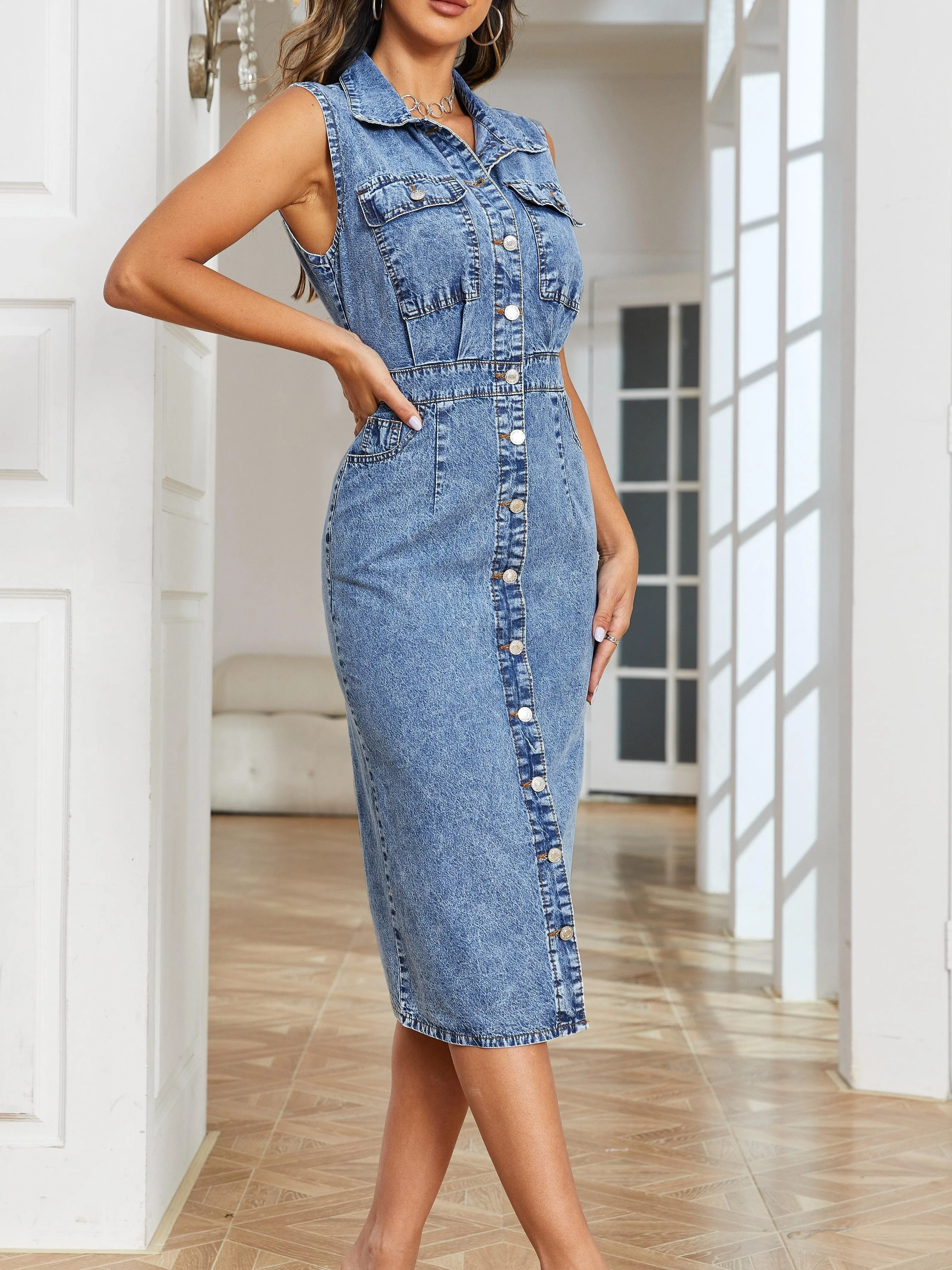 Blue Chic Womens Denim Dress - Stylish Single-Breasted, Button Detail, Sleeveless, Slim Fit, Non-Stretch Denim, Trendy Lapel Collar - Fashionable Denim Clothing