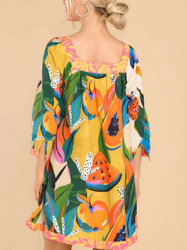 Blue Zone Planet |  fresh and sweet printed long skirt three-quarter sleeve A-line skirt