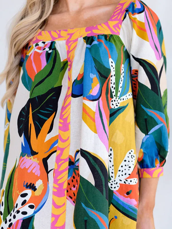 Blue Zone Planet |  fresh and sweet printed long skirt three-quarter sleeve A-line skirt