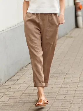 Clothing Large Pockets Solid Color Comfortable Cotton Linen Casual Pants