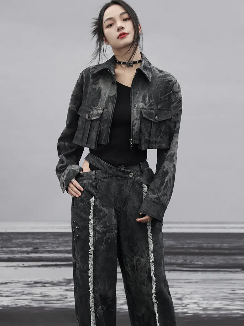 Dark Design Denim Loose Fringe Wide Cutout Waist