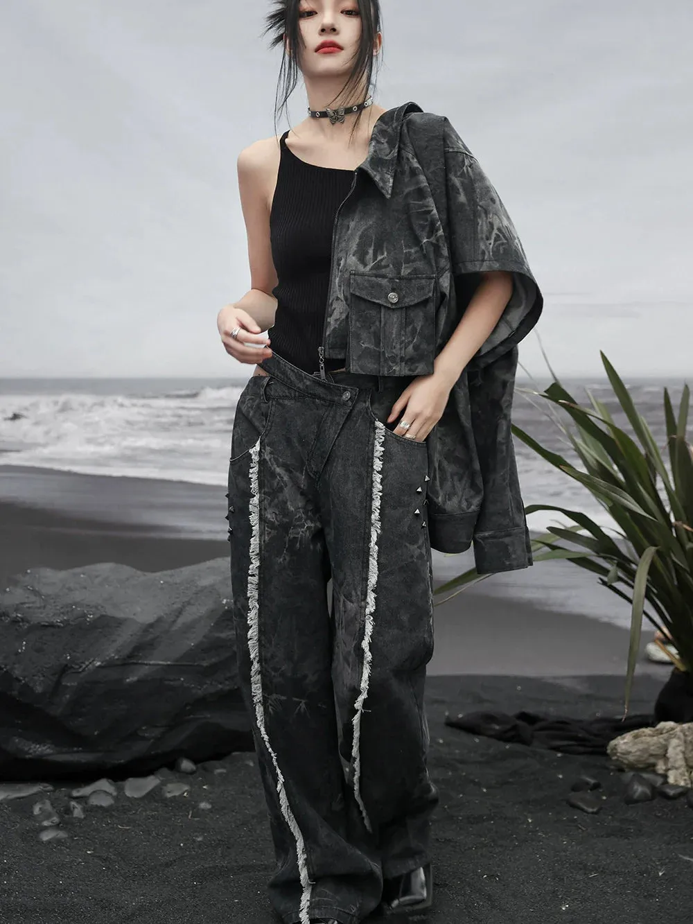 Dark Design Denim Loose Fringe Wide Cutout Waist