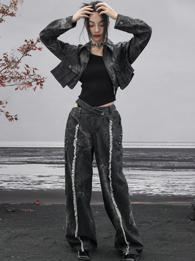 Dark Design Denim Loose Fringe Wide Cutout Waist