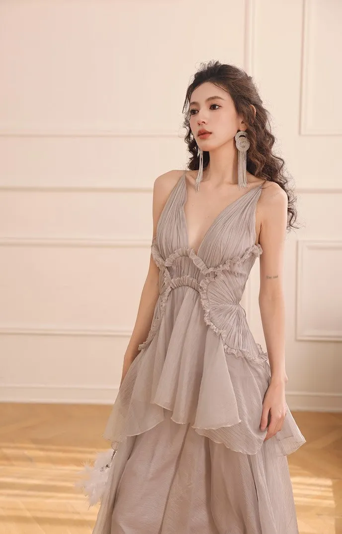 DOLLY Elegant Gray V-Neck Sleeveless Pleated Bandage Banquet Dress-MENA