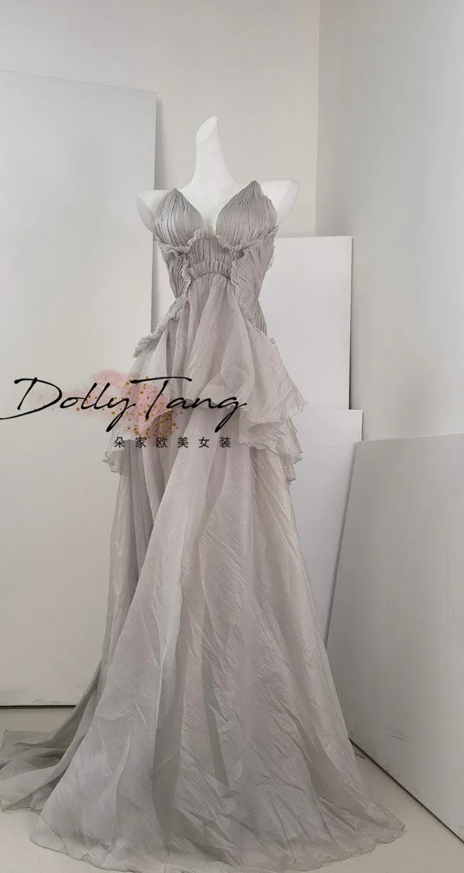 DOLLY Elegant Gray V-Neck Sleeveless Pleated Bandage Banquet Dress-MENA