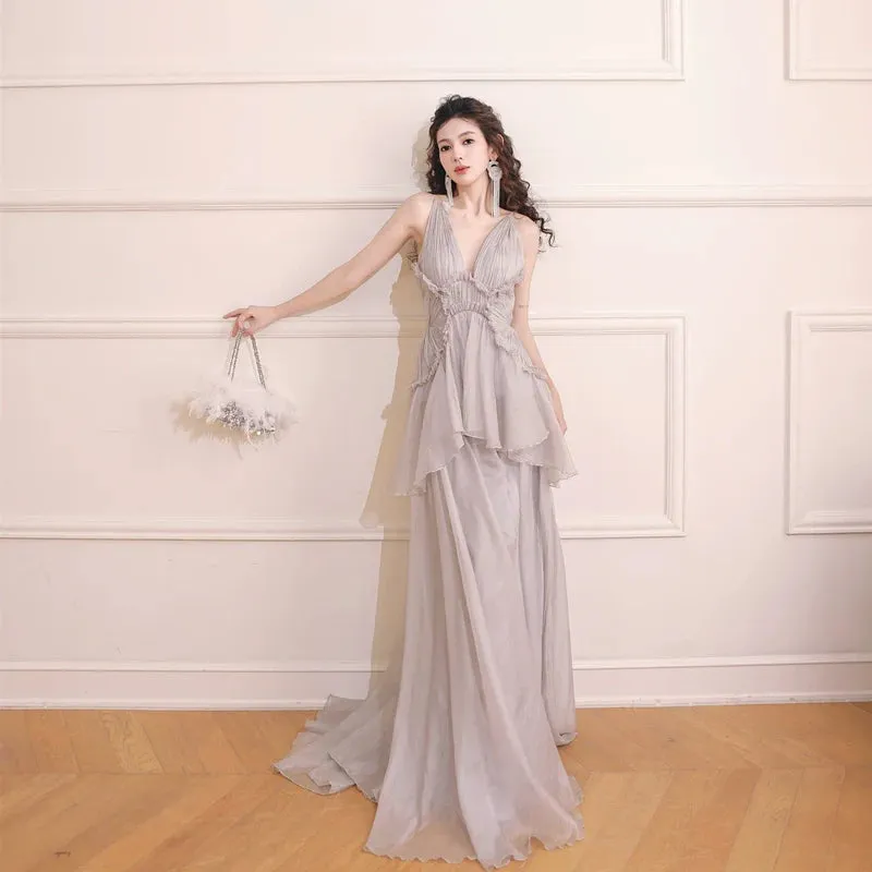 DOLLY Elegant Gray V-Neck Sleeveless Pleated Bandage Banquet Dress-MENA