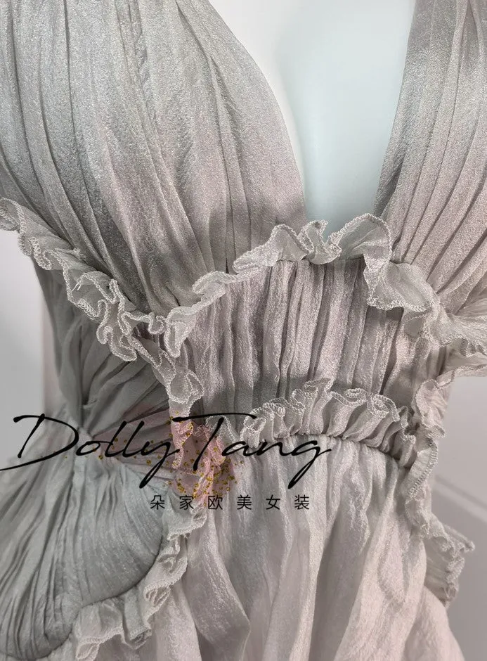 DOLLY Elegant Gray V-Neck Sleeveless Pleated Bandage Banquet Dress-MENA
