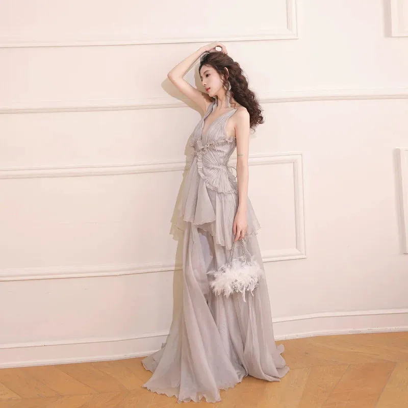DOLLY Elegant Gray V-Neck Sleeveless Pleated Bandage Banquet Dress-MENA