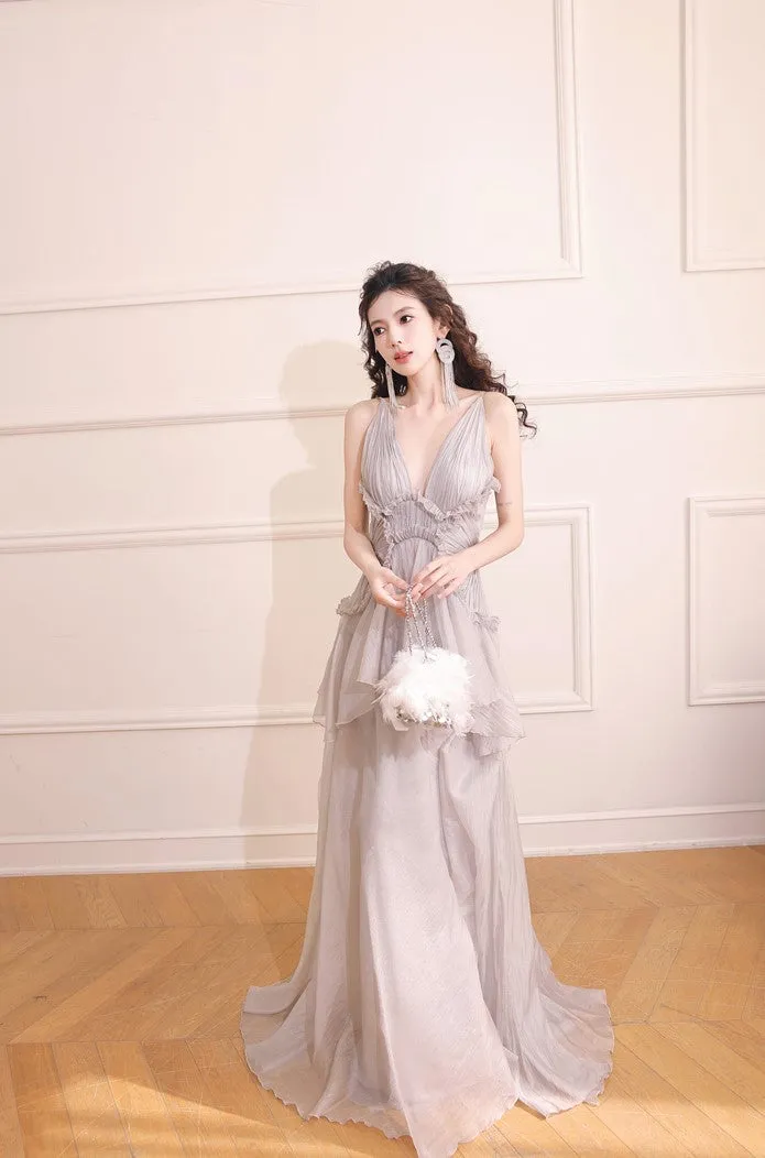 DOLLY Elegant Gray V-Neck Sleeveless Pleated Bandage Banquet Dress-MENA