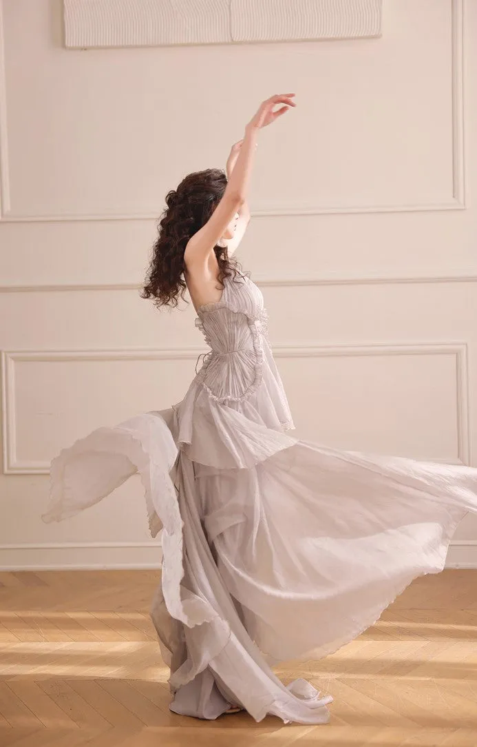 DOLLY Elegant Gray V-Neck Sleeveless Pleated Bandage Banquet Dress-MENA