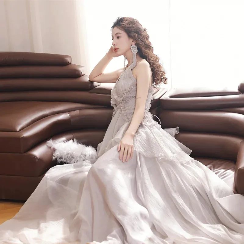 DOLLY Elegant Gray V-Neck Sleeveless Pleated Bandage Banquet Dress-MENA