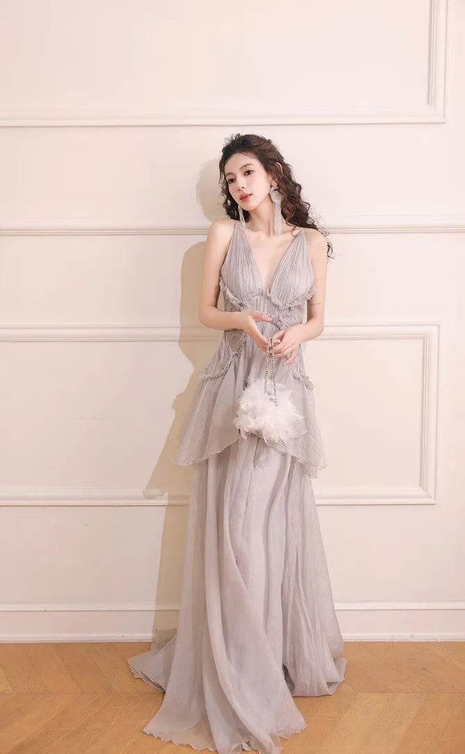 DOLLY Elegant Gray V-Neck Sleeveless Pleated Bandage Banquet Dress-MENA
