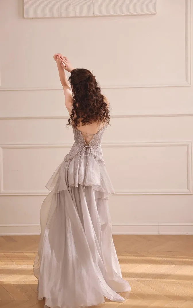 DOLLY Elegant Gray V-Neck Sleeveless Pleated Bandage Banquet Dress-MENA