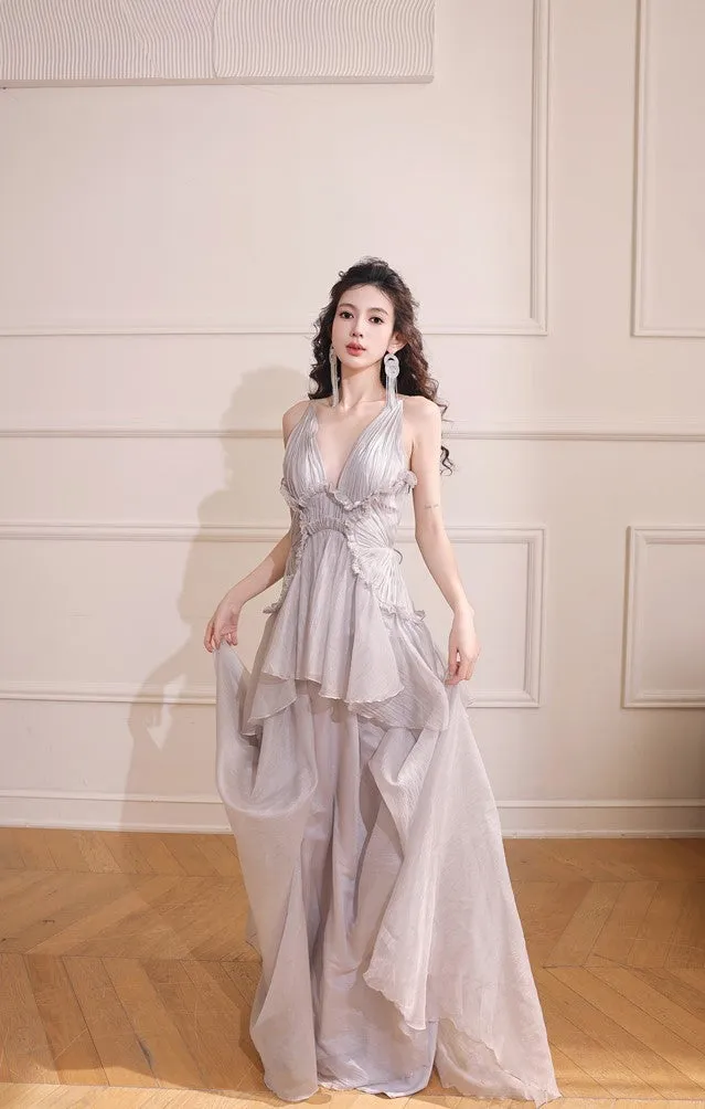 DOLLY Elegant Gray V-Neck Sleeveless Pleated Bandage Banquet Dress-MENA