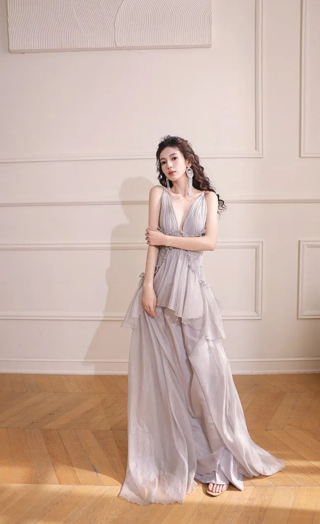 DOLLY Elegant Gray V-Neck Sleeveless Pleated Bandage Banquet Dress-MENA