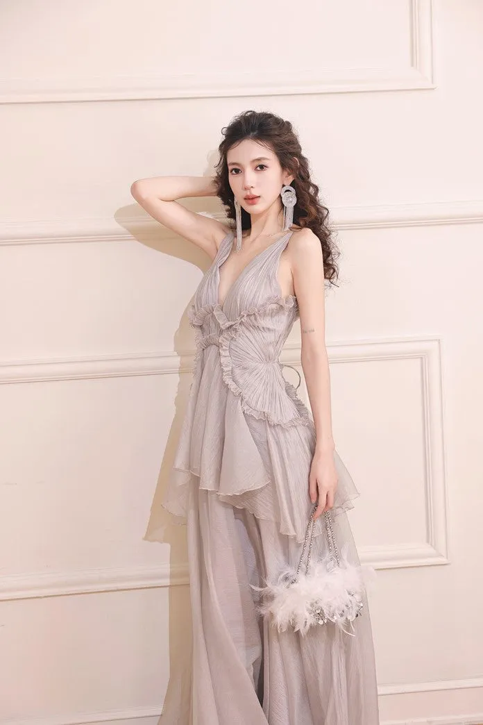DOLLY Elegant Gray V-Neck Sleeveless Pleated Bandage Banquet Dress-MENA