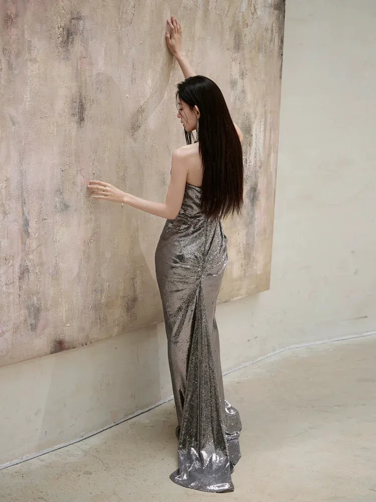 DOLLY Elegant Metallic Gray Sequin Pleated Tube Top-TINA