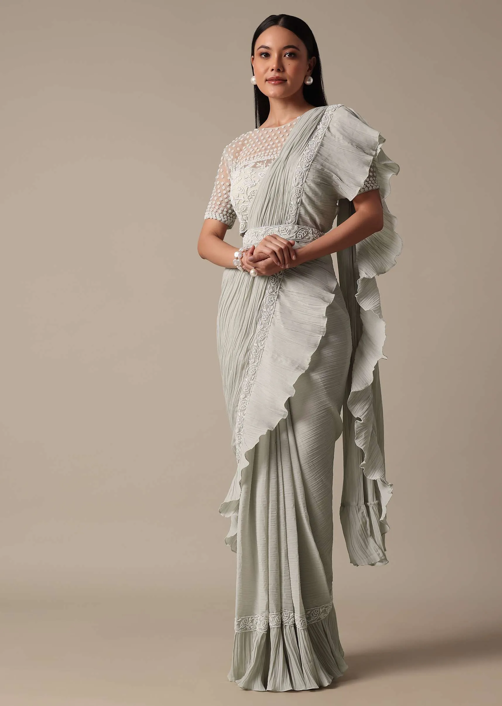 Elegant Grey Ready Pleated Saree With Stitched Blouse