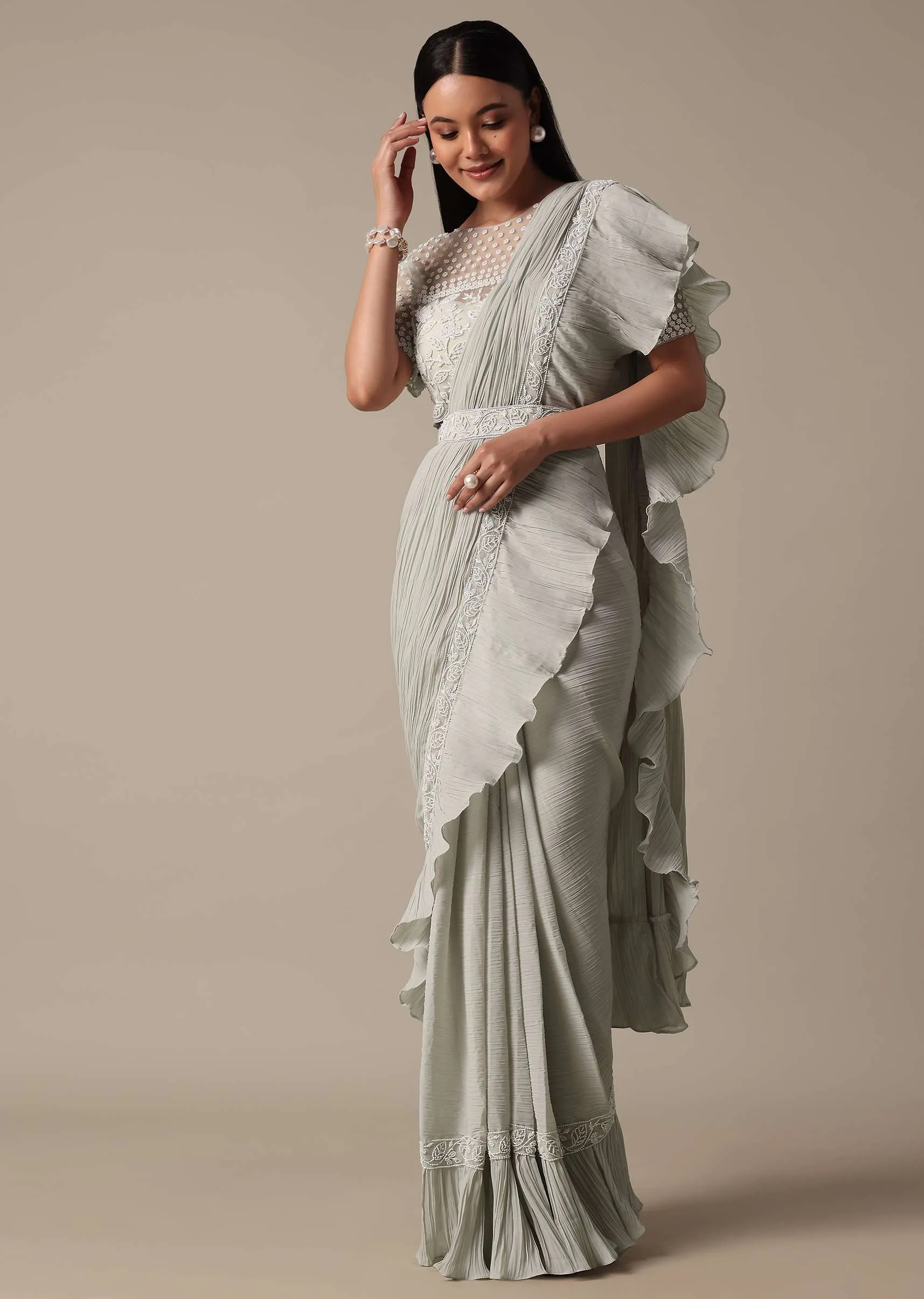 Elegant Grey Ready Pleated Saree With Stitched Blouse