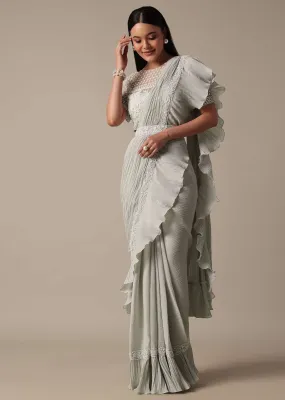 Elegant Grey Ready Pleated Saree With Stitched Blouse