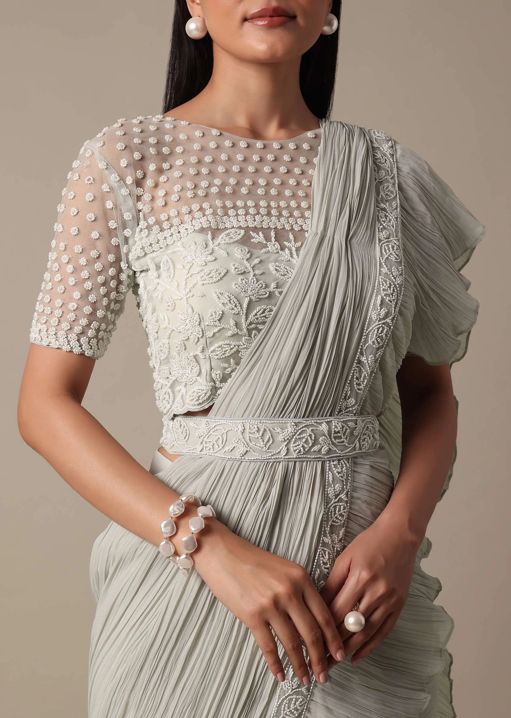 Elegant Grey Ready Pleated Saree With Stitched Blouse