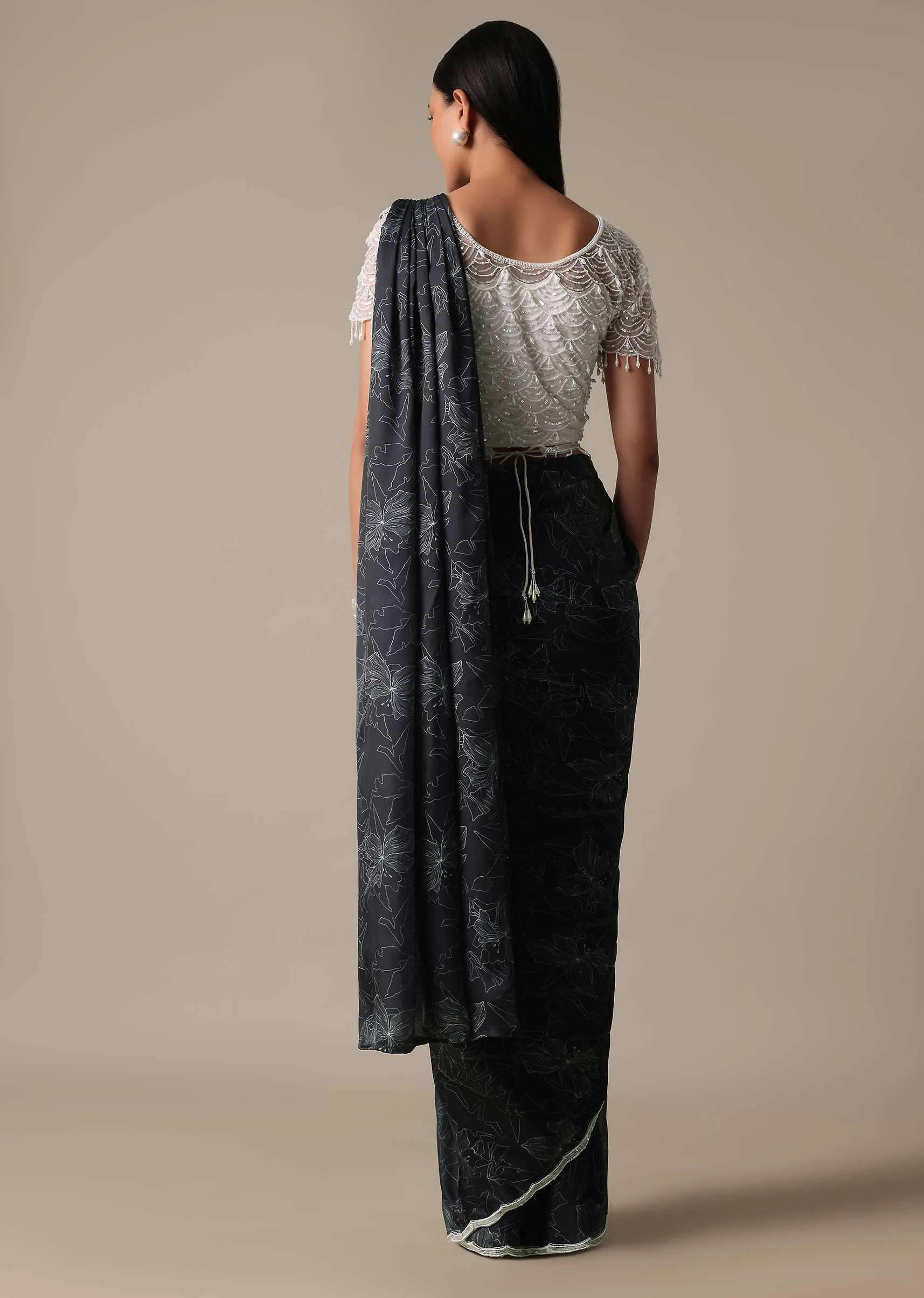 Elegant Pleated Printed Saree With Embellished Ready Blouse
