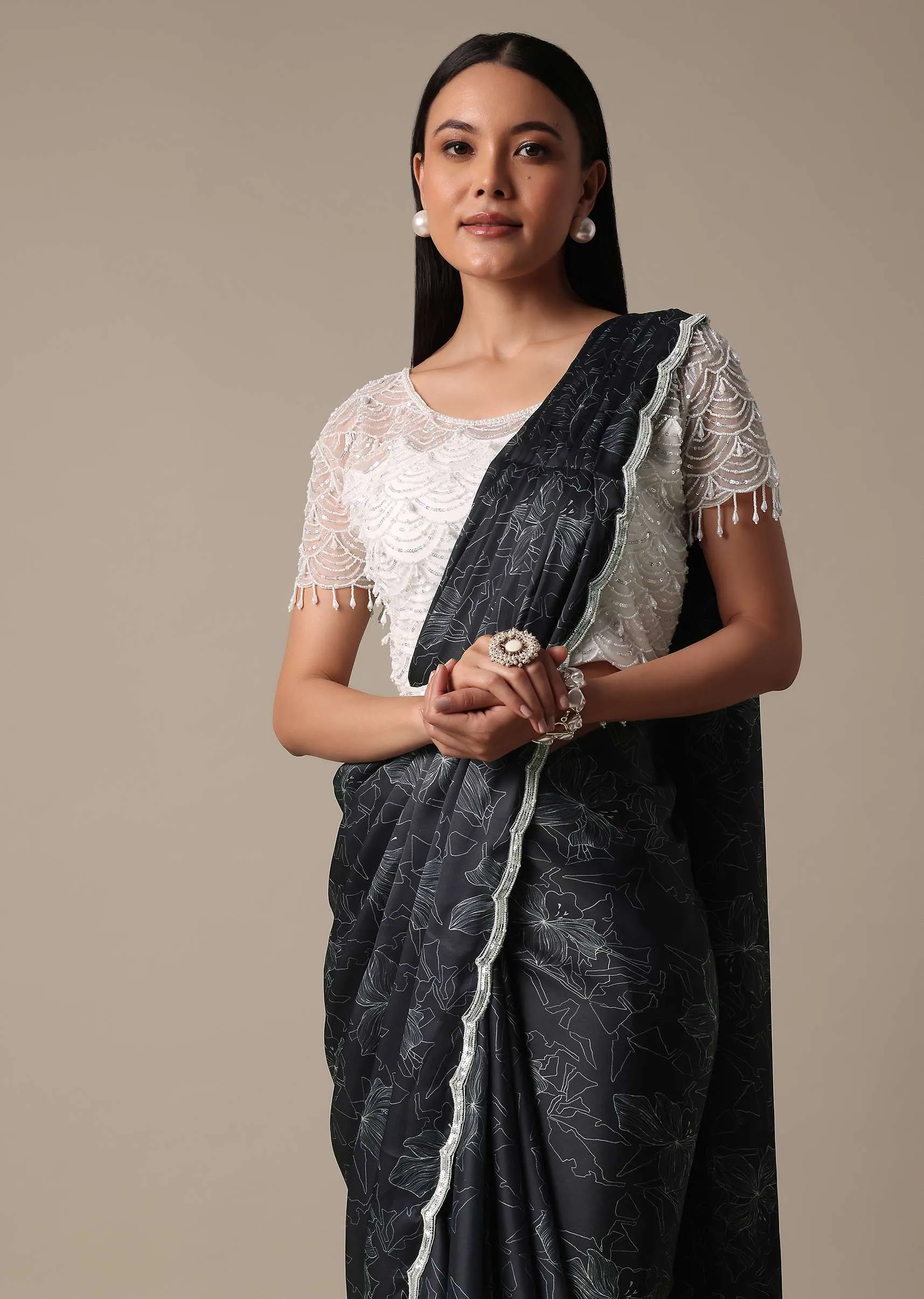 Elegant Pleated Printed Saree With Embellished Ready Blouse