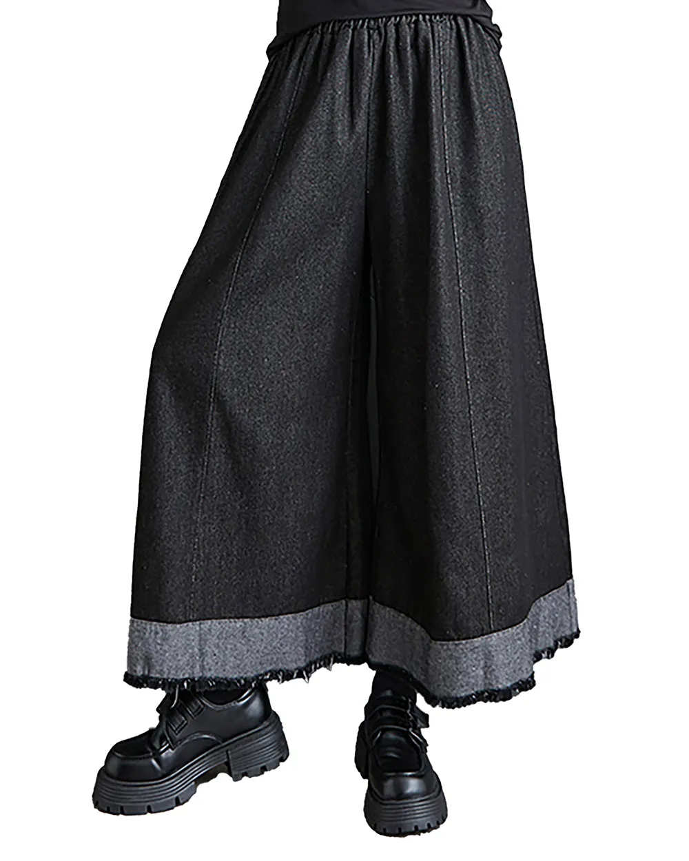 ellazhu Women's Skirt Wide Legs Elastic Waist Black and Grey Flowy Hem Baggy Loose Oversize GZ264