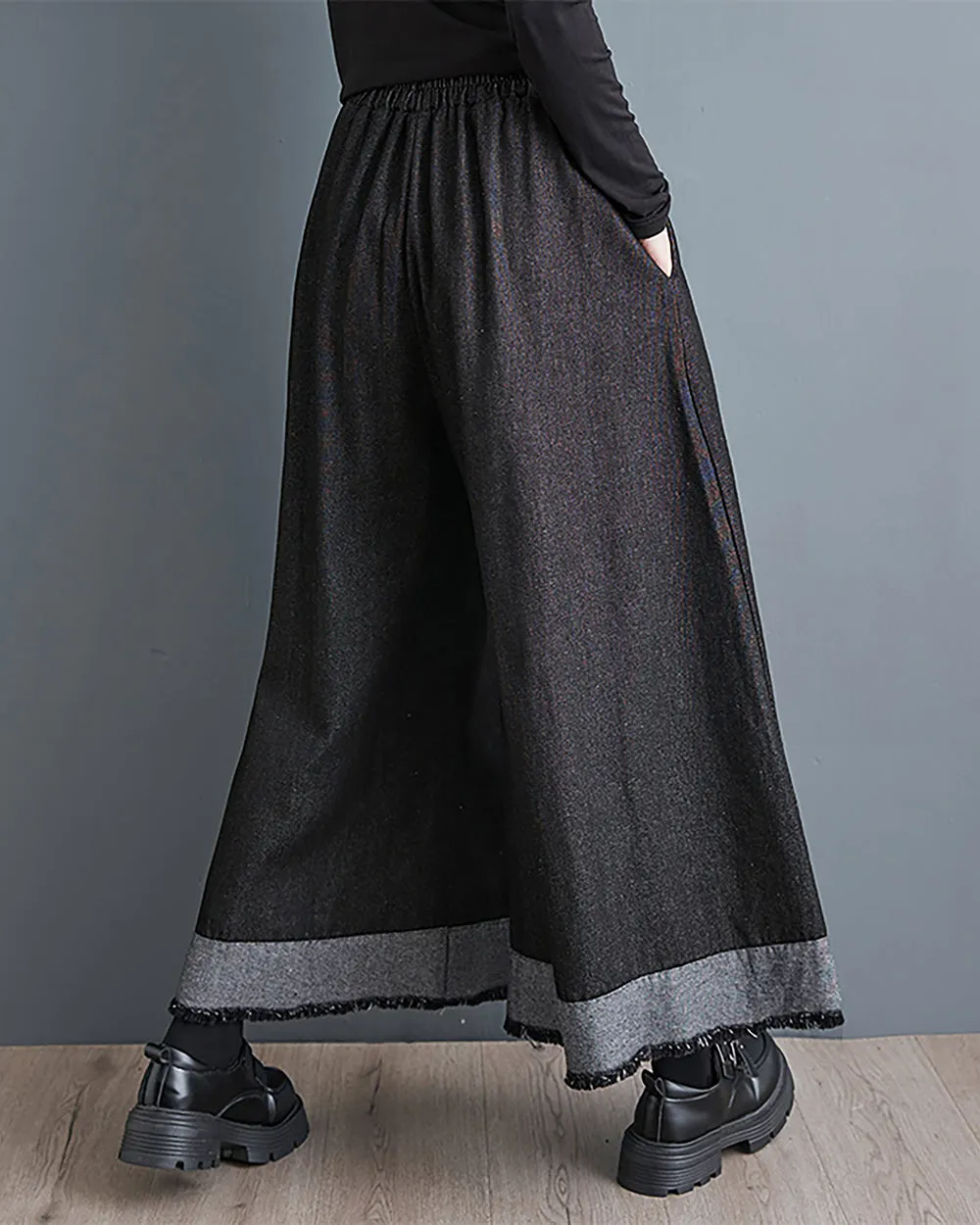 ellazhu Women's Skirt Wide Legs Elastic Waist Black and Grey Flowy Hem Baggy Loose Oversize GZ264