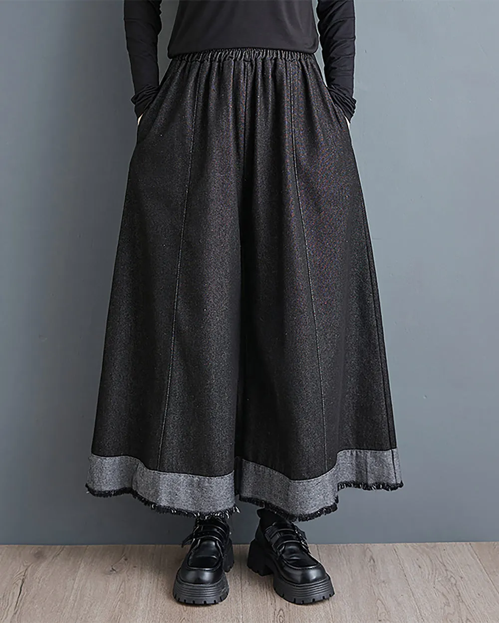 ellazhu Women's Skirt Wide Legs Elastic Waist Black and Grey Flowy Hem Baggy Loose Oversize GZ264