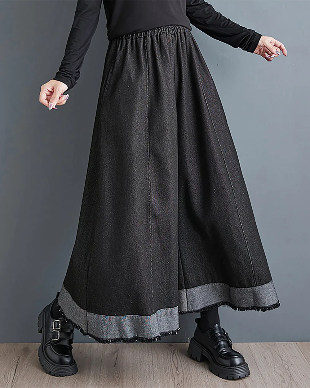 ellazhu Women's Skirt Wide Legs Elastic Waist Black and Grey Flowy Hem Baggy Loose Oversize GZ264