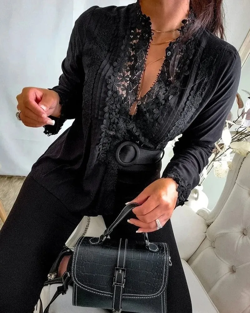 Floral Pattern Lace Patch Long Sleeve Top