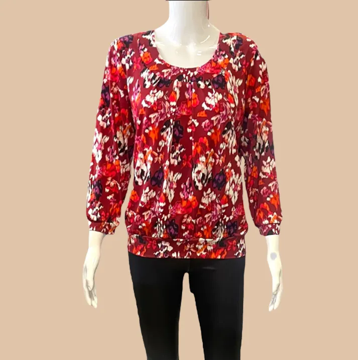 GARNET RED PRINT ROUND NECK BAND TOP
