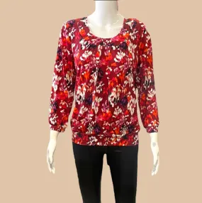 GARNET RED PRINT ROUND NECK BAND TOP