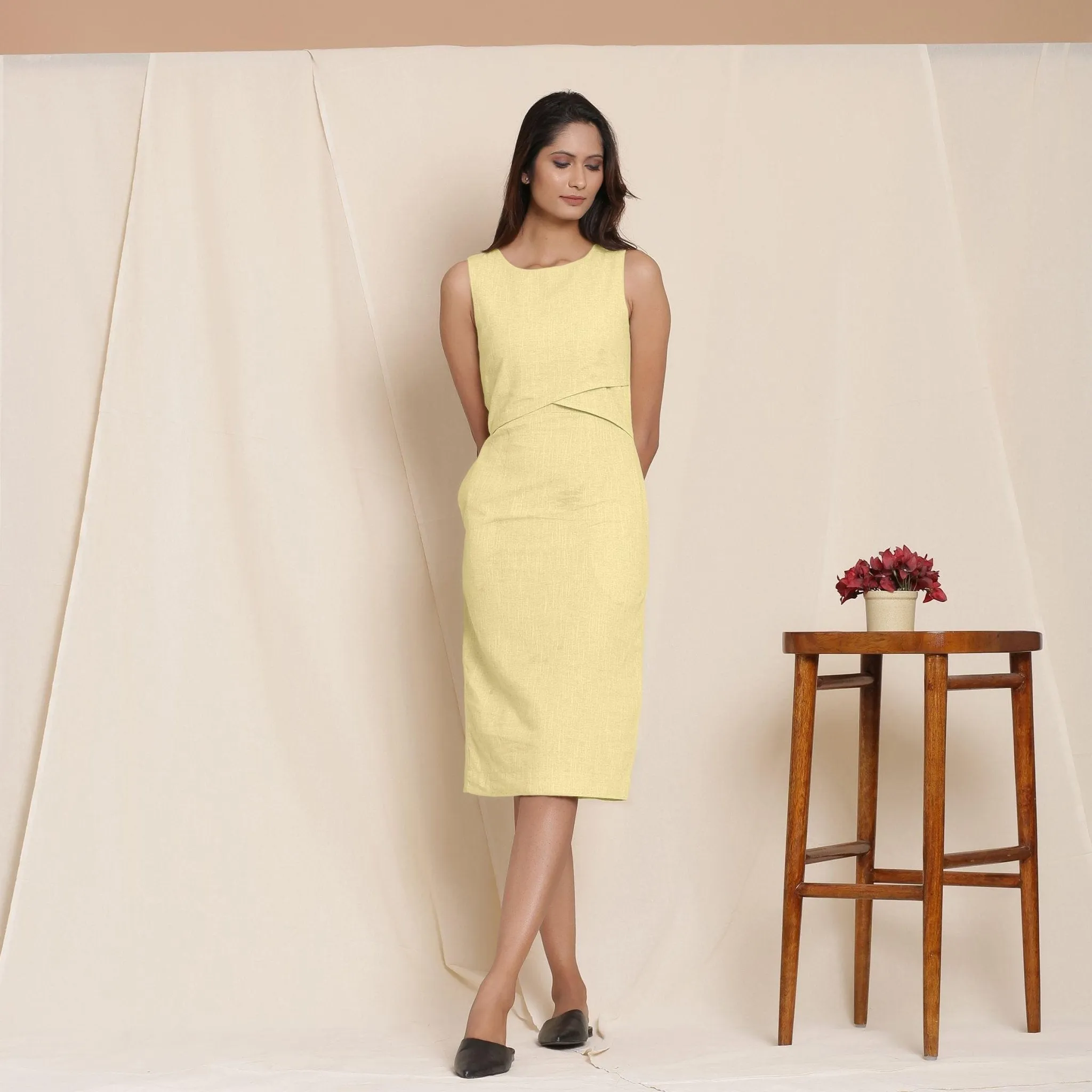 Lemon Yellow Yarn Dyed Cotton Knee Length Sheath Dress