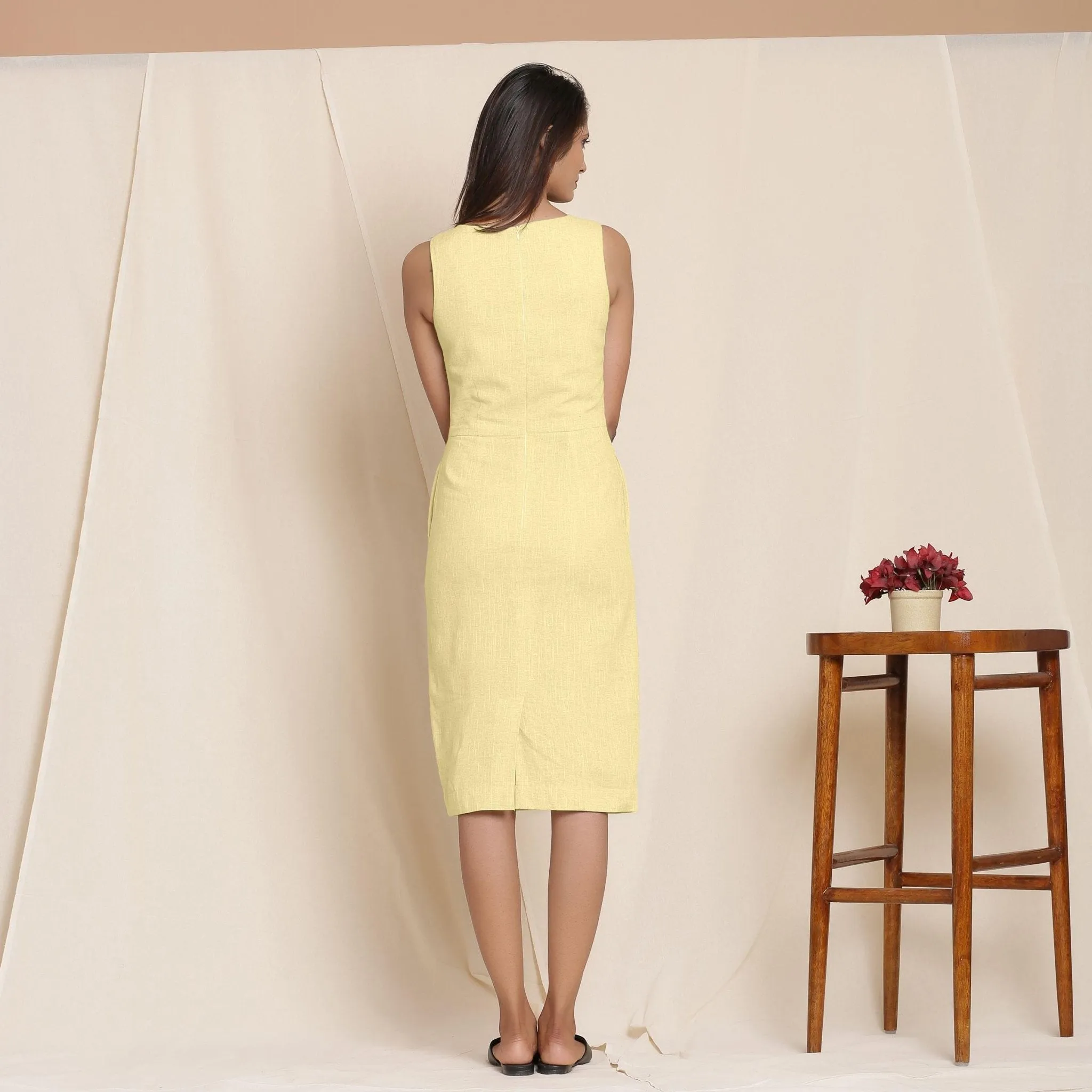 Lemon Yellow Yarn Dyed Cotton Knee Length Sheath Dress