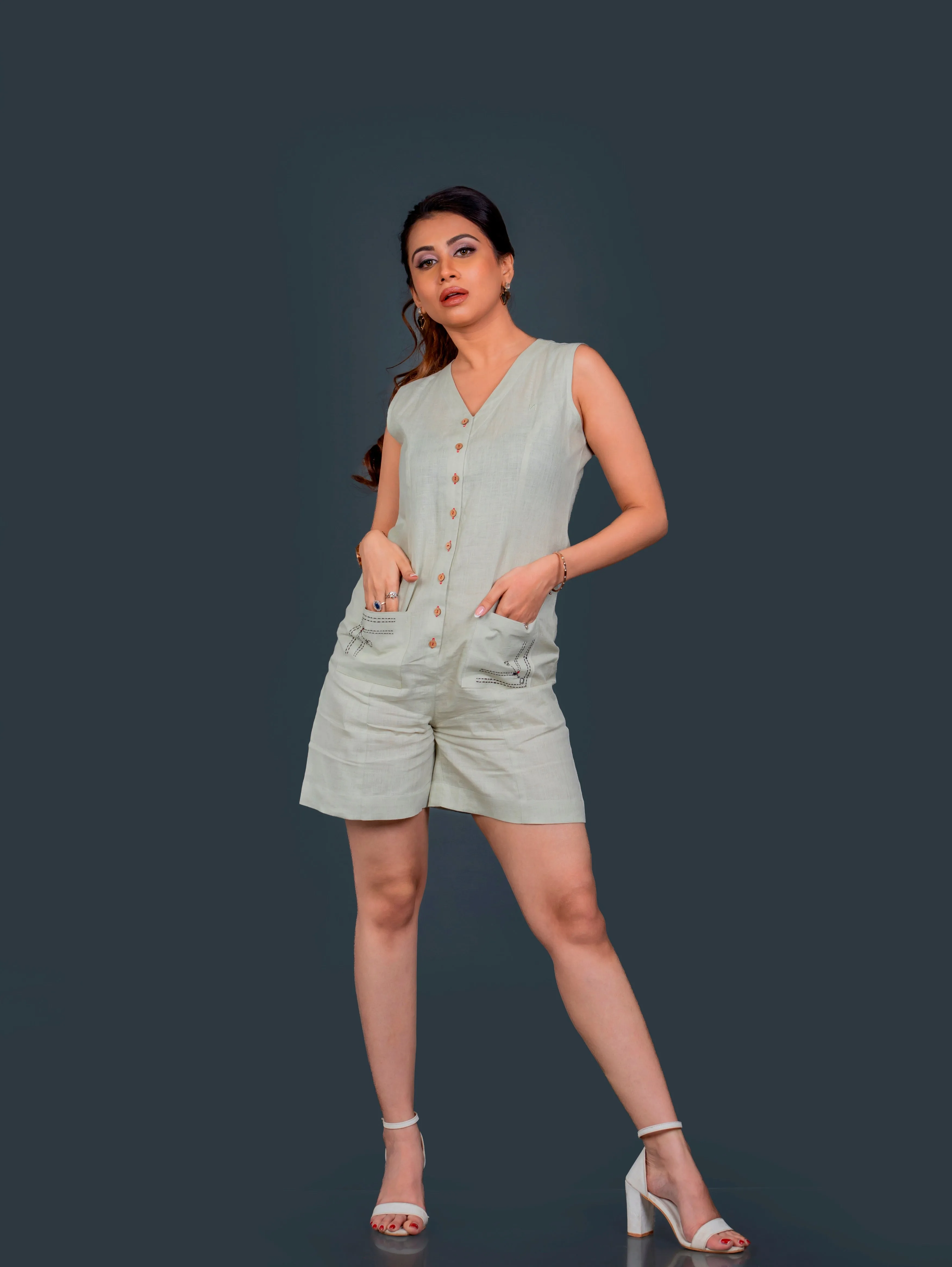 Linen Sleeveless Play Suit With Hand Embroidered Patch Pocket
